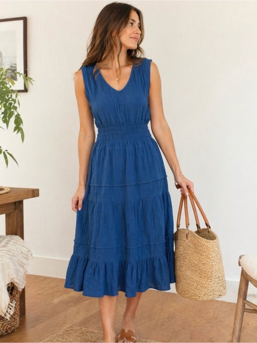 M Nifé Blue Cotton Gauze Tiered Midi Dress Smocked Waist Coastal Size Medium.